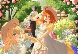 1boy 2girls :d ahoge alternate_costume apron arch artist_name artoria_caster_(fate) artoria_pendragon_(fate) basket black_hair black_jacket black_pants black_ribbon blonde_hair blue_dress blue_eyes blurry blurry_background collared_shirt depth_of_field dress fate/grand_order fate_(series) field floral_arch flower flower_field fujimaru_ritsuka_(female) garden green_eyes hair_between_eyes hair_ribbon hand_on_headwear hat highres holding holding_basket holding_hands holding_jacket holding_unworn_clothes house jacket long_hair long_sleeves looking_at_viewer low_ponytail medium_hair multiple_girls oberon_(fate) oberon_(third_ascension)_(fate) open_mouth orange_eyes orange_hair outdoors pants picnic_basket pink_flower pink_rose ponytail puffy_short_sleeves puffy_sleeves purple_flower red_flower red_rose ribbon romo827 rose rose_bush shirt short_hair short_sleeves smile standing sun_hat suspenders tree twintails twitter_username unworn_jacket white_apron white_flower white_rose white_shirt yakudo_trio yellow_dress yellow_flower yellow_rose