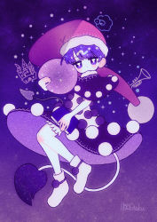 1girl :&lt; black_capelet blue_eyes blue_hair book capelet capelet_lift closed_mouth clothes_lift doremy_sweet dotaku_(wran8845) dream_soul dress dress_lift film_grain footwear_ornament hat holding looking_at_viewer nightcap pom_pom_(clothes) red_hat short_hair signature sky_print solo star_(symbol) t_t tail tapir_tail touhou yume_kawaii