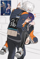 1boy 1girl absurdres against_wall artist_name belle_(zenless_zone_zero) black_pants black_shirt black_thighhighs blue_hair blue_jacket blush brother_and_sister commentary crossed_arms crossed_bangs english_commentary felichiii game_screenshot game_screenshot_inset green_eyes grey_background grey_hair grey_skirt hair_between_eyes heavy_breathing highres implied_sex incest jacket long_sleeves moaning open_mouth orange_socks pants shirt shoes siblings simple_background single_thighhigh sitting skirt sneakers socks spread_legs thighhighs white_shoes white_sneakers wise_(zenless_zone_zero) zenless_zone_zero