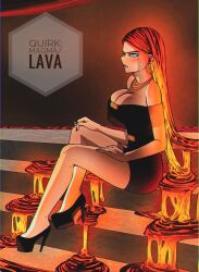 1girl ackerbang aqua_eyes bare_arms bare_legs bare_shoulders black_dress black_nails boku_no_hero_academia breasts cleavage dress earrings english_text fingernails full_body glowing glowing_eyes glowing_hair gold_buckle gold_earrings gold_piercing hand_on_own_knee hand_on_own_thigh high_heels highres hoop_earrings jewelry large_breasts lava long_fingernails long_hair looking_afar magma_hair mature_female nail_polish original parted_lips piercing pink_lips short_dress sitting sitting_on_stairs solo stairs three_quarter_view todoroki_teka_(ackerbangbang) very_long_hair