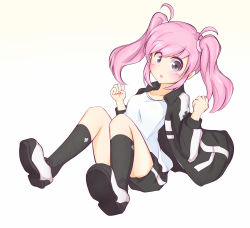 1girl :o aisaka_isako asura_cryin&#039; black_eyes black_jacket black_shorts blush breasts clenched_hand collarbone highres jacket looking_down medium_breasts open_mouth pink_hair sahara_hikari shoes shorts sitting sneakers solo twintails white_shoes