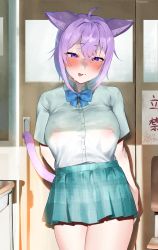 1girl ahoge animal_ear_fluff animal_ears arms_behind_back blue_bow blue_bowtie blue_sky blush bow bowtie breasts cat_ears cat_girl cat_tail closed_mouth collared_shirt commentary_request covered_erect_nipples cowboy_shot crossed_bangs eyes_visible_through_hair frikulu hair_between_eyes highres hololive indoors large_breasts legs_together looking_at_viewer medium_hair miniskirt naughty_face nekomata_okayu purple_eyes purple_hair see-through_clothes see-through_shirt shirt shirt_tucked_in skirt sky solo standing sweat tail tongue tongue_out virtual_youtuber white_shirt