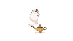 :3 animal animal_focus arms_up artist_name black_eyes blush_stickers dog floating fluffy fuwa_fuwa_dog genie hat_feather looking_at_viewer no_humans oil_lamp open_mouth original pawpads shadow simple_background solid_circle_eyes solo turban twitter_username white_background white_headwear