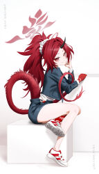 Rule 34 | 1girl, absurdres, alternate costume, black horns, black panties, blue archive, bucho sama, dragon girl, dragon horn, dragon tail, eyeshadow, grey jacket, grey skirt, halo, highres, horns, jacket, long hair, long sleeves, makeup, miniskirt, panties, panty peek, ponytail, red eyes, red eyeshadow, red hair, red halo, red tail, renge (blue archive), school uniform, shirt, shoes, single horn, sitting, skirt, smile, sneakers, solo, tail, underwear, very long hair, white shirt