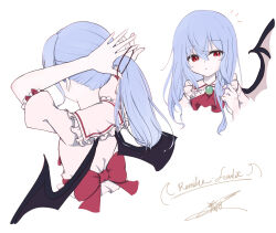 Rule 34 | 1girl, alternate hair length, alternate hairstyle, arms behind head, ascot, back bow, bat wings, blue hair, bow, character name, collared shirt, commentary request, cropped torso, frilled shirt collar, frills, from behind, hair between eyes, highres, hoshikage syo, long hair, multiple views, pink shirt, puffy short sleeves, puffy sleeves, red ascot, red bow, remilia scarlet, shirt, short sleeves, signature, touhou, twirling hair, tying hair, white background, wings
