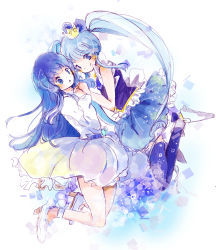 10s 2girls bad_id bad_pixiv_id blue_eyes blue_hair blue_legwear blue_skirt boots crown cure_princess dress dual_persona earrings eyelashes gold_crown hair_ornament hair_ribbon happinesscharge_precure! happy high_heels highres ichitaro jewelry long_hair looking_at_viewer magical_girl multiple_girls precure ribbon shirayuki_hime shirt shoes sketch skirt smile thighhighs thighs toei_animation twintails white_dress zettai_ryouiki
