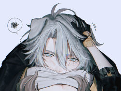 Rule 34 | 1boy, 1girl, absurdres, animal ears, annoyed, between breasts, black gloves, blue eyes, breasts, chest sarashi, dog boy, dog ears, gloves, grey hair, hair between eyes, hetero, highres, honkai: star rail, honkai (series), ieririr, looking at viewer, parted bangs, phainon (honkai: star rail), pov, sarashi, simple background, stelle (honkai: star rail), trailblazer (honkai: star rail), white background, yellow pupils