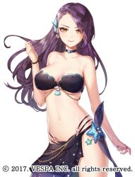 Rule 34 | 1girl, bare shoulders, bead bracelet, beads, bikini, black bikini, black choker, black sarong, bracelet, breasts, brown eyes, chain, choker, commentary request, cowboy shot, earrings, fins, gem, gold chain, hand up, head fins, hwansang jungdog, jewelry, king&#039;s raid, korean commentary, long hair, looking at viewer, maria (king&#039;s raid), medium breasts, mixed-language commentary, navel, official alternate costume, official art, partial commentary, pearl (gemstone), pearl earrings, purple hair, purple nails, sarong, seashell, shell, simple background, smile, solo, starfish, swimsuit