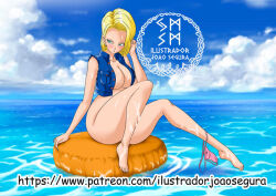 Rule 34 | 1girl, android 18, blonde hair, blue eyes, blush, breasts, dragon ball, dragonball z, ilustradorjoaosegura, large breasts, no bra, no panties, short hair