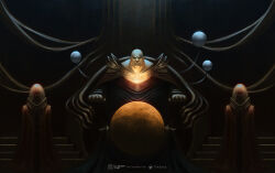 1boy 2others armor bald celestial_globe cloak deviantart_logo deviantart_username dune_(planet) dune_(series) globe glowing glowing_eyes highres hood hooded_cloak house_harkonnen instagram_logo instagram_username looking_at_viewer multiple_boys multiple_others orange_eyes pauldrons science_fiction shoulder_armor solo_focus thefearmaster throne throne_room twitter_logo twitter_username uniform vladimir_harkonnen yellow_eyes
