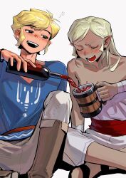 1boy 1girl bare_shoulders blonde_hair blush boots bottle dark-skinned_female dark_skin drunk highres link nintendo official_alternate_costume open_mouth pouring senzo6700 strapless tankard tetra the_legend_of_zelda the_legend_of_zelda:_the_wind_waker toon_link tube_top wine_bottle