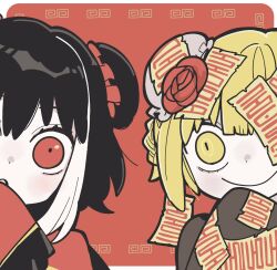 1girl 2girls black_hair blonde_hair chinese_clothes don_quixote_(project_moon) double_bun e.g.o_(project_moon) flower hair_bun highres jia_xichun_(project_moon) kojocho05 limbus_company long_sleeves looking_at_another looking_at_viewer multicolored_hair multiple_girls ofuda project_moon red_background red_eyes red_flower red_rose red_sheet_(e.g.o) red_sleeves rose short_hair simple_background solo streaked_hair talisman upper_body yellow_eyes