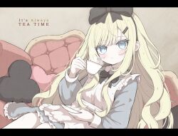 alice_(alice_in_wonderland) alice_in_wonderland apron black_bow black_bowtie blonde_hair blue_dress blue_eyes bow bow_hairband bowtie brown_background chaise_longue club_(shape) collared_dress commentary couch cup dress english_text frilled_apron frills hair_ornament hairband hairclip highres holding holding_cup holding_saucer long_hair long_sleeves looking_at_viewer mamiro pillow saucer shirt sitting solo swept_bangs teacup wavy_hair white_apron