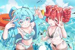 2girls ahoge alternate_costume aqua_eyes aqua_hair aqua_jacket arms_up bat_krub bikini black_bikini blush breasts cleavage clenched_teeth collarbone commentary drill_hair english_commentary hatsune_miku highres jacket kasane_teto long_hair looking_at_viewer medium_breasts multiple_girls navel open_mouth parted_lips red_eyes red_hair rubber_duck see-through_clothes see-through_shirt shirt side-tie_bikini_bottom smile stomach striped_bikini striped_clothes swim_ring swimsuit teeth twin_drills twintails utau very_long_hair vocaloid