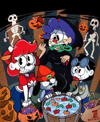 Rule 34 | 2boys, 2girls, apple, beanie, black hair, bonzo rabbit (imrachets), candy, chatterbox the clown (imrachets), commentary, cosplay, english commentary, food, fruit, halloween, halloween costume, happy halloween, hat, highres, imrachets, jack-o&#039;-lantern, looking at viewer, multiple boys, multiple girls, mute the mime (imrachets), original, parappa, parappa (cosplay), parappa the rapper, rabbit, red hair, silence the mime (imrachets), snake, toon (style)