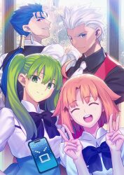 2boys 2girls ahoge aora apron archer_(fate) black_bow black_shirt black_vest blue_hair bow bowtie cellphone closed_eyes collared_shirt cu_chulainn_(fate) dark-skinned_male dark_skin double_v earrings fate/stay_night fate_(series) green_eyes green_hair grin hibino_hibiki highres jewelry katsuragi_chikagi long_hair long_sleeves mahou_tsukai_no_hako multiple_boys multiple_girls orange_apron orange_hair phone ponytail puffy_sleeves red_eyes red_vest shirt short_hair smartphone smile spiked_hair twintails type-moon v vest waiter waitress white_hair white_shirt