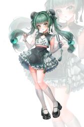 1girl absurdres android blunt_bangs blush braid braided_sidelock bun_cover chinese_clothes crop_top double_bun elbow_gloves fingerless_gloves frilled_skirt frills gloves green_eyes green_hair hair_bun hair_ornament hairclip highres kneehighs long_hair looking_at_viewer nq_(nnq_q) open_mouth qingyi_(zenless_zone_zero) robot_girl shoes side_braids skirt socks solo standing twintails white_gloves white_socks zenless_zone_zero