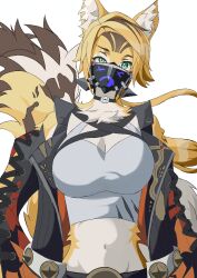 1girl animal_ear_fluff animal_ears black_choker black_jacket black_mask blonde_hair blue_shorts body_fur breasts cat_ears cat_girl cat_tail choker cleavage furry furry_female green_eyes highres jacket large_breasts long_hair looking_at_viewer manbou_(wjxj5237) navel parted_bangs ponytail pulchra_fellini shirt shorts solo tail white_shirt yellow_fur zenless_zone_zero