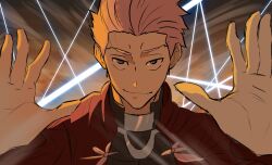 1boy absolute_cinema_(meme) archer_(fate) commentary dark_skin english_commentary fate/stay_night fate_(series) field_of_blades gears grey_eyes highres hood hoodie jujutsu_kaisen looking_at_viewer male_focus red_hoodie ryoumen_sukuna_(jujutsu_kaisen) self-upload shokobr smile solo unlimited_blade_works_(reality_marble) voice_actor_connection