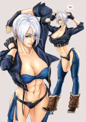1girl abs angel_(kof) black_gloves black_jacket black_panties blue_bra blue_eyes bra breasts chaps cleavage collarbone cropped_jacket female_focus gloves grin hair_over_one_eye heart highres jacket kaewdesu large_breasts leather leather_jacket long_sleeves looking_at_viewer midriff multiple_views muscular muscular_female navel open_clothes open_jacket panties revealing_clothes short_hair simple_background smile snk teeth the_king_of_fighters the_king_of_fighters_2001 underwear white_hair