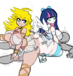1boy 2girls absurdres ahoge angel_wings ass ass-to-ass ass_press blonde_hair blue_eyes blue_hair breasts buttjob clothed_female_nude_male cooperative_buttjob cum ejaculation faceless faceless_male hair_ornament hair_ribbon high_heels highres huge_ass huge_breasts long_hair looking_at_another looking_back motion_lines multicolored_hair multiple_girls nude panty_&amp;_stocking_with_garterbelt panty_(psg) pink_hair projectile_cum ribbon smile sound_effects stocking_(psg) teamwork_(sexual) teeth thighhighs white_background wings xelsword
