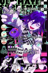 Rule 34 | 1boy, blood, blood on face, brown shoes, card, checkered clothes, checkered scarf, danganronpa (series), danganronpa v3: killing harmony, dice, gyi (xxxid4), hair between eyes, highres, jacket, looking at viewer, male focus, multiple views, oma kokichi, outstretched arms, pants, playing card, purple eyes, purple hair, purple socks, running, scarf, shaded face, shoes, short hair, smile, socks, sparkle, teeth, tongue, white jacket, white pants