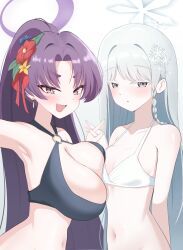 Rule 34 | absurdres, asymmetrical docking, bikini, black bikini, blue archive, blush, breast press, breasts, commentary, fang, flower, hair flower, hair ornament, halo, highres, holding hands, large breasts, looking at viewer, nagusa (blue archive), nagusa (swimsuit) (blue archive), o-ring, o-ring bikini, open mouth, peeeeee5765, ponytail, purple eyes, purple hair, shirt, skin fang, swimsuit, white bikini, white eyes, white shirt, yukari (blue archive), yukari (swimsuit) (blue archive)