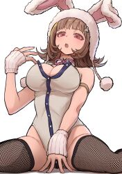 1girl animal_ears armlet bare_shoulders black_leotard breasts brown_hair cleavage danganronpa_(series) danganronpa_2:_goodbye_despair detached_collar fake_animal_ears fishnet_thighhighs fishnets highres jewelry large_breasts leotard looking_at_viewer medium_hair mole mole_on_breast nanami_chiaki neck_ribbon pink_eyes pink_ribbon playboy_bunny rabbit_ears ribbon solo spaceship_hair_ornament strapless strapless_leotard thighhighs youko-shima