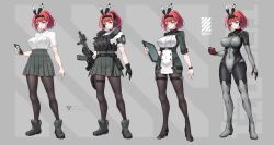 1girl absurdres ammunition_pouch armored_boots assault_rifle battle_rifle black_gloves black_hairband black_headband black_pantyhose blue_eyes body_armor bodysuit boots breasts cellphone covered_navel dress full_body gloves green_eyes grey_background grey_skirt gun hairband harness headband headset high_heel_boots high_heels highres holding holding_gun holding_phone holding_tablet_pc holding_weapon holster holstered impossible_clothes large_breasts load_bearing_vest looking_at_viewer miniskirt mole multiple_views original pantyhose phone pleated_skirt pouch red_hair reference_sheet rifle school_uniform science_fiction sherman_(egnk2525) shirt short_hair short_sleeves sig_sauer skin_tight skirt smartphone standing tablet_pc tactical_clothes thigh_boots thigh_holster thigh_pouch thigh_strap thighhighs variations walkie-talkie watch weapon white_shirt wristwatch