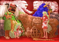 Rule 34 | 2girls, brown sandals, buttons, clone, closed mouth, cloud print, commentary request, curly hair, frown, full body, geta, green eyes, green hair, heart, highres, horns, kariyushi shirt, komainu, komano aunn, long hair, looking at viewer, multiple girls, open mouth, red background, red shirt, ritsuzou, sandals, shirt, shorts, single horn, smile, squatting, statue, touhou, white shorts