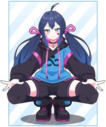 1girl absurdres ahoge black_thighhighs blue_eyes blue_hair blue_nails blush commission full_body highres hood hooded_jacket indie_virtual_youtuber jacket long_hair long_sleeves looking_at_viewer mugen_mochi multicolored_jacket nail_polish noyama_takenoko pendant_choker pixiv_commission short_shorts shorts smile solo spread_legs squatting star_sticker sticker_on_face thighhighs twintails two-tone_jacket virtual_youtuber