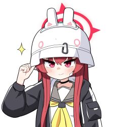 1girl adjusting_clothes adjusting_headwear alternate_headwear black_choker black_jacket blue_archive choker collarbone commentary_request cosplay hair_between_eyes halo hood hooded_jacket jacket long_hair long_sleeves looking_at_viewer open_clothes open_jacket rabu_(blue_archive) red_eyes red_hair saki_(blue_archive) saki_(blue_archive)_(cosplay) school_uniform serafuku sidelocks simple_background smile solo tagyeokgam white_background