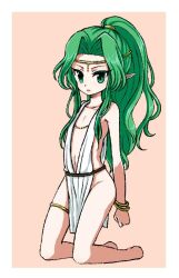 1boy barefoot closed_mouth dress earrings forneus full_body green_eyes green_hair jewelry long_hair male_focus navel pointy_ears romancing_saga_3 saga simple_background sm156 solo trap weapon white_dress