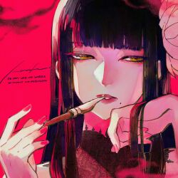 1girl black_collar black_hair blunt_bangs collar expressionless final_fantasy final_fantasy_xiv flower hair_flower hair_ornament half-closed_eyes hands_up highres holding holding_smoking_pipe hyur kiseru long_hair looking_to_the_side mole mole_under_mouth nail_polish parted_lips pink_nails portrait red_background red_lips senoura_korafu sideways_glance signature smoking_pipe solo straight_hair yellow_eyes yotsuyu_goe_brutus