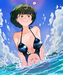 Rule 34 | 1boy, 2girls, artist name, bare shoulders, blue sky, blush, breast envy, breasts, cloud, collarbone, day, fubuki (one-punch man), green eyes, grey hair, highres, large breasts, multiple girls, one-punch man, saitama (one-punch man), short hair, sky, swimsuit, tatsumaki, upper body, water