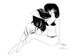 1girl anklet arm_support bikini breasts collarbone full_body hand_in_own_hair highres jewelry long_hair looking_at_viewer malumetoiimasu monochrome navel sakura_(urusei_yatsura) signature simple_background sitting solo swimsuit urusei_yatsura
