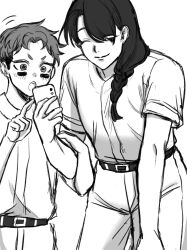 2boys :o androgynous baseball_jersey baseball_uniform belt bishounen blush braid cellphone cha_waii commentary_request cowboy_shot evil_eyes eyes_visible_through_hair facepaint greyscale hair_over_one_eye height_difference highres holding holding_another&#039;s_arm holding_phone index_finger_raised jersey kusaka_teppei leaning_forward long_hair male_focus monochrome motion_lines multiple_boys one_eye_closed pants phone shirt_tucked_in short_eyebrows short_hair short_sleeves side_braid single_braid smartphone smile sportswear strikeout_pitch translation_request tsuyuki_rin v-shaped_eyebrows very_short_hair