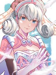 1girl absurdres blue_eyes blurry blurry_background blurry_foreground border closed_mouth commentary copyright_name curly_hair english_commentary falling_feathers feathers grey_hair highres looking_at_viewer melia_antiqua outside_border own_hands_together sidelocks solo wanderstillart white_border xenoblade_chronicles_(series) xenoblade_chronicles_1