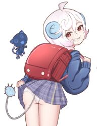 1girl backpack bag blue_sweater breasts character_request clothes_lift copyright_request cowboy_shot demon_girl demon_horns demon_tail dot_nose eyebrows_hidden_by_hair female_focus from_behind grin horns huge_breasts leaning_forward lifting_own_clothes loli long_sleeves looking_at_viewer looking_back meemz_a mesugaki naughty_face oppai_loli panties pantyshot pink_hair purple_skirt randoseru red_eyes sharp_teeth short_hair simple_background skirt skirt_lift smile smug solo standing sweater tail teeth underwear white_background white_panties