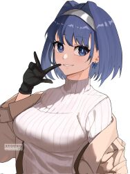 1girl ayoungart black_gloves blue_eyes blue_hair bow bow_earrings brown_coat coat earrings gloves grey_hairband hairband hand_up hashtag-only_commentary highres hololive hololive_english jewelry looking_at_viewer medium_hair ouro_kronii simple_background solo sweater turtleneck turtleneck_sweater virtual_youtuber white_background white_sweater