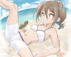 1girl absurdres ahoge arm_rest artist_logo artist_name bandaid bandaid_on_knee bandaid_on_leg beach bikini bikini_shorts blue_hair blush breasts brown_hair cerealxs do_it_yourself!! feet_out_of_frame female_focus food hair_between_eyes highres holding holding_food logo loli lying multicolored_hair navel on_back outdoors pickle red_eyes shore short_hair shorts sidelocks small_breasts spread_legs streaked_hair swimsuit thighs water white_bikini yua_serufu