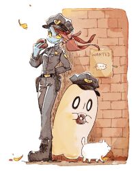 1boy 1girl animal annoying_dog chief_undyne closed_mouth deltarune dog english_text falling_leaves fang fins full_body ghost head_fins highres leaf napstablook police police_uniform policewoman red_hair simple_background smile undyne wanted_poster white_background zunda_e_damame