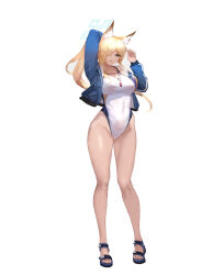 Rule 34 | 1girl, animal ear fluff, animal ears, bare shoulders, blonde hair, blue archive, blue eyes, blue halo, blush, breasts, competition swimsuit, covered erect nipples, dog ears, dog girl, extra ears, full body, hair over one eye, halo, highleg, highleg one-piece swimsuit, highres, jacket, kanna (blue archive), kanna (swimsuit) (blue archive), large breasts, long hair, looking at viewer, notched ear, official alternate costume, one-piece swimsuit, ponytail, rbtmd22, sharp teeth, simple background, smile, solo, standing, swimsuit, teeth, thighs, very long hair, whistle, whistle around neck, white background, white one-piece swimsuit