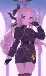 Rule 34 | 1girl, ahoge, black coat, black gloves, black halo, black skirt, blue archive, breasts, coat, demon girl, demon horns, gloves, halo, highres, hina (blue archive), horns, long hair, looking at viewer, purple eyes, sayuui, skirt, small breasts, solo, standing, white hair