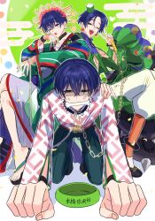 1boy blue_hair bone bone_in_mouth bowl chain chain_leash charisma_house clenched_hands crossed_legs earrings hair_between_eyes hand_on_another&#039;s_shoulder hand_rest hands_on_ground hat highres jewelry kisukekino24 kneeling leash long_sleeves looking_at_viewer male_focus mini_hat motohashi_iori multiple_views official_alternate_costume one_eye_closed open_mouth pet_bowl print_shirt shirt short_hair smile v wide_sleeves
