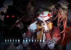 artist_name circus_baby_(fnaf) ballora_(fnaf) black_bow blonde_hair blood blood_splatter bow clown_mask copyright_name doll_joints english_text finger_to_mouth five_nights_at_freddy&#039;s five_nights_at_freddy&#039;s:_sister_location frills funtime_foxy funtime_freddy glint gloves green_eyes grin hair_bow holding holding_microphone jewelry joints kawacy long_hair mask microphone red_eyes ring smile solo twintails white_gloves wrist_cuffs yellow_bow