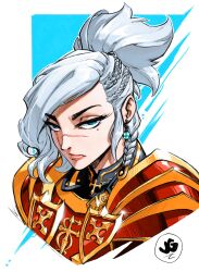 1girl armor blue_eyes highres initial jgeorgedrawz looking_at_viewer original portrait scar scar_on_face scar_on_nose solo white_hair