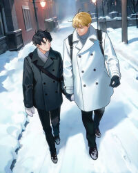 1216liddell 2boys backpack bag black_coat black_footwear black_gloves black_hair black_pants blonde_hair buttons closed_eyes closed_mouth coat couple double-breasted erwin_smith full_body gloves grey_sweater hair_between_eyes holding_hands lamppost levi_(shingeki_no_kyojin) long_sleeves male_focus mittens multiple_boys outdoors pants parted_bangs shingeki_no_kyojin short_hair shoulder_bag smile snow sweater turtleneck turtleneck_sweater white_coat white_mittens winter_clothes yaoi