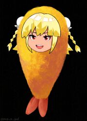 1girl :d beatmania_iidx bemani black_background blonde_hair braid bun_cover commentary_request double_bun full_body hair_bun highres open_mouth prop_is_god red_eyes short_hair simple_background smile solo teeth tempura_costume twin_braids upper_teeth_only xiatian_(beatmania)