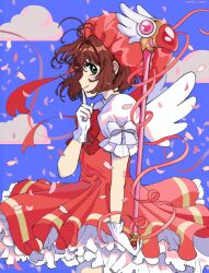 Rule 34 | 1girl, blue sky, brown hair, cardcaptor sakura, chanran, closed mouth, cloud, commentary, cowboy shot, dress, frilled dress, frills, gloves, green eyes, hair intakes, hat, highres, holding, holding wand, kinomoto sakura, kinomoto sakura (magician), magical girl, pink petals, profile, puffy short sleeves, puffy sleeves, short sleeves, sidelocks, sky, smile, solo, wand, white gloves, wings